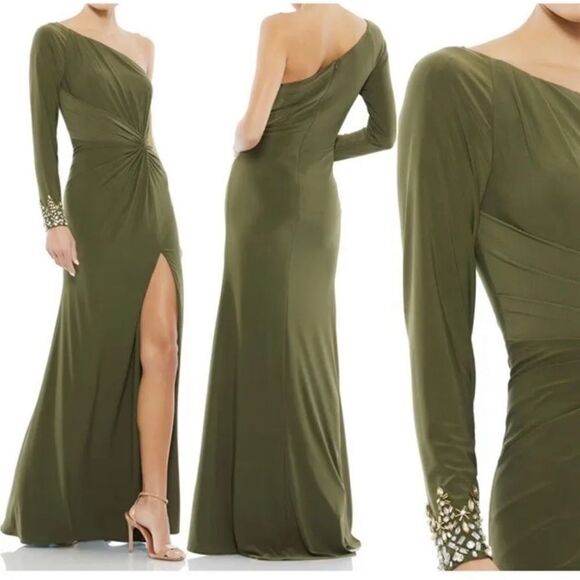 Mac Duggal 55696 Womens Olive ONE SLEEVE BEADED CUFF SIDE TWIST GOWN - Picture 1 of 16